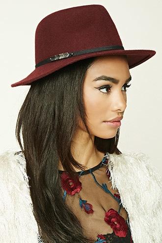 Forever21 Women's  Burgundy & Black Wide-brim Felt Fedora