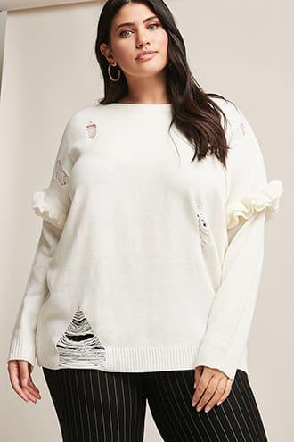 Forever21 Plus Size Distressed Ruffle-sleeve Sweater