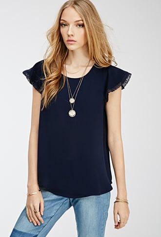 Forever21 Lace-trimmed Flutter Sleeve Top
