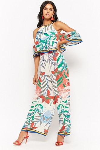 Forever21 Leaf Print Open-shoulder Jumpsuit