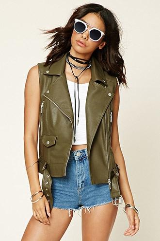 Forever21 Women's  Olive Faux Leather Moto Vest