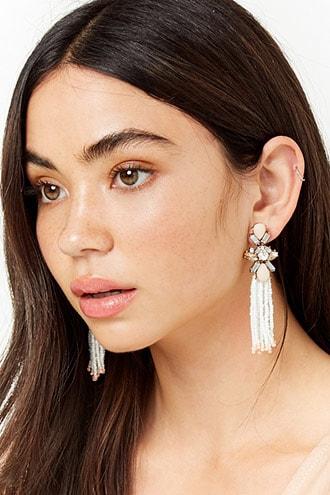 Forever21 Faux Gem Beaded Fringe Drop Earrings