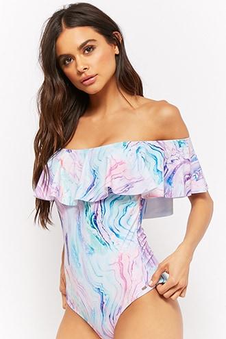 Forever21 Flounce Marble Print One-piece Swimsuit