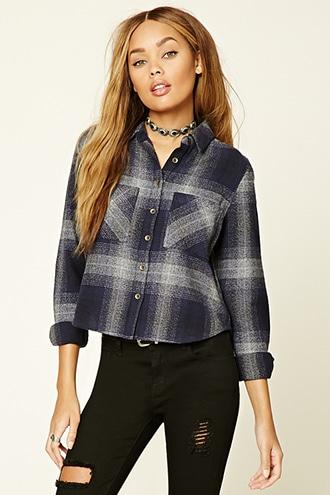 Forever21 Women's Navy & Grey Boxy Plaid Shirt