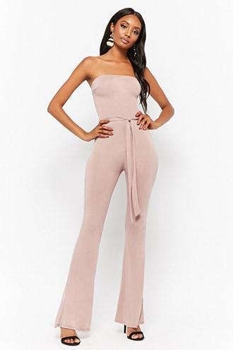 Forever21 Slub Knit Strapless Flare-leg Jumpsuit