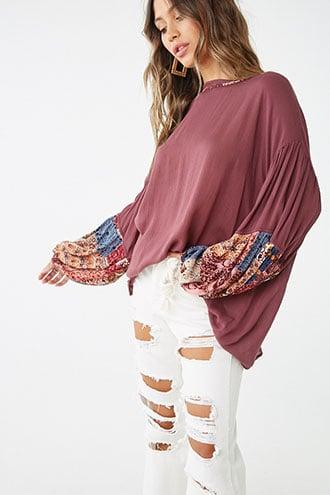 Forever21 Gauze Paisley Trim Top