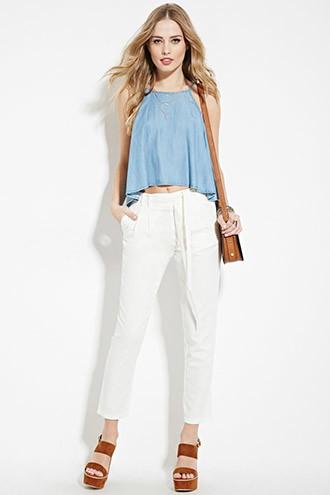 Forever21 Women's  Cream Belted Linen-blend Pants