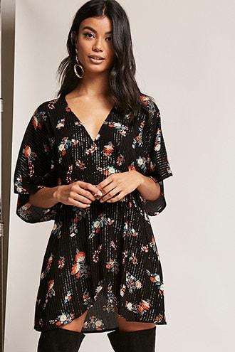 Forever21 Metallic Stripe Floral Wrap Dress