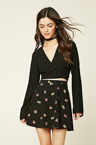 Forever21 Women's  Black & Red Floral Print Skater Skirt