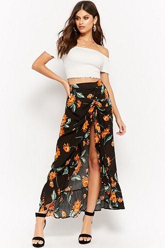 Forever21 Floral Ruched High-low Ruffle-trim Skirt