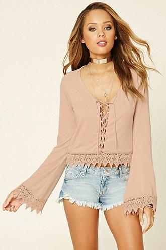 Forever21 Women's  Blush Crochet Lace-up Top