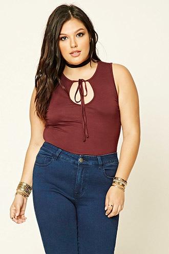 Forever21 Plus Women's  Burgundy Plus Size Tie-neck Bodysuit