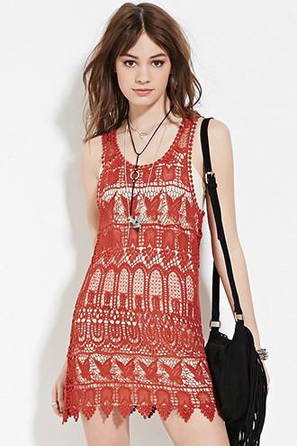 Forever21 Women's  Rust Sheer Cutout Crochet Mini Dress