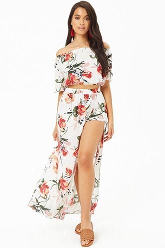 Forever21 Floral Crop Top & Maxi Skort Set
