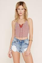 Forever21 Women's  Rust & Cream Striped Lace-up Crop Top