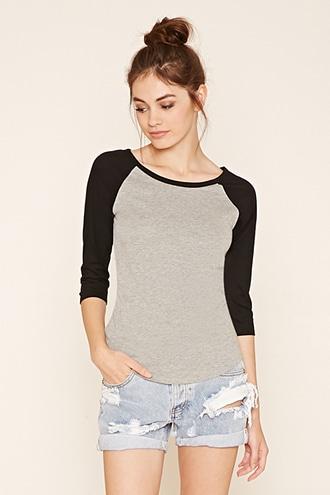 Forever21 Women's Heather Grey & Black Classic Baseball Tee