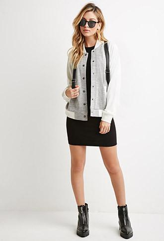 Forever21 Women's  Marled Colorblock Bomber Jacket (cream/heather Grey)