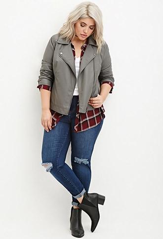 Forever21 Plus Women's  Plus Size Faux Leather Moto Jacket (grey)