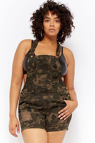 Forever21 Plus Size Distressed Camo Print Overall Shorts