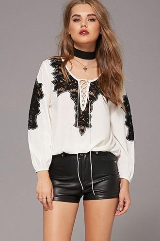 Forever21 Women's  Silk Lace-up Floral Lace Top