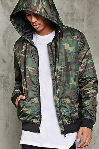21 Men Men's  Padded Camo Print Hooded Jacket