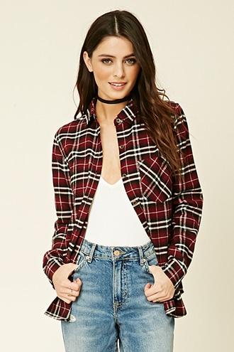 Forever21 Women's  Wine & Black Plaid Flannel Shirt