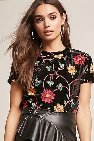 Forever21 Velvet Embroidered Floral Top
