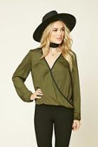 Forever21 Women's  Olive & Black Contrast Satin Surplice Top