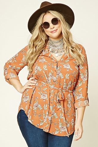 Forever21 Plus Women's  Rust & Peach Plus Size Floral Print Tunic