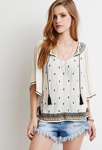 Forever21 Embroidered Gauze Peasant Top