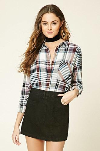 Forever21 Women's  Cream & Wine Tartan Plaid Flannel Shirt