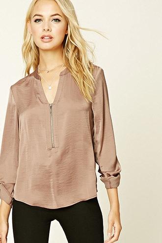 Forever21 Women's Cocoa Satin Zip-front Blouse