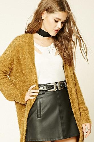 Forever21 Women's  Mustard Longline Fuzzy Knit Cardigan