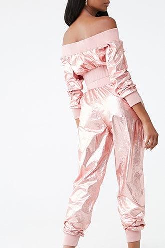 Forever21 Metallic Off-the-shoulder Crop Top & Jogger Set