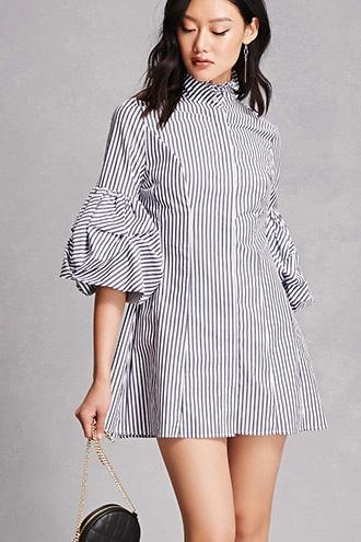 Forever21 Pinstripe Puff-sleeve Shirt Dress