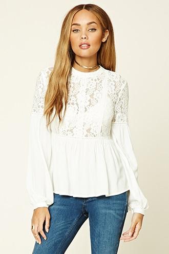 Forever21 Women's  Ivory Floral Lace-panel Top
