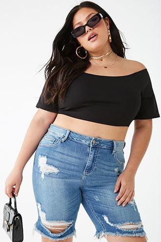Forever21 Plus Size Destroyed Denim Bermuda Shorts