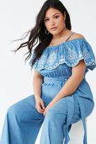 Forever21 Plus Size Chambray Open-shoulder Flounce Jumpsuit