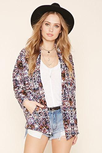 Forever21 Women's  Purple & Blue Abstract Print Crepe Blazer