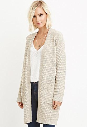 Forever21 Women's  Textured Open-front Cardigan (taupe/cream)