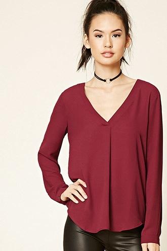 Forever21 Women's  Burgundy V-neck Pleated Top