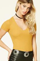 Forever21 Women's  Mustard Ribbed Knit V-neck Top