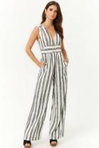 Forever21 Striped Button-front Linen-blend Jumpsuit