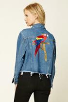 Forever21 Women's  Parrot Embroidered Denim Jacket