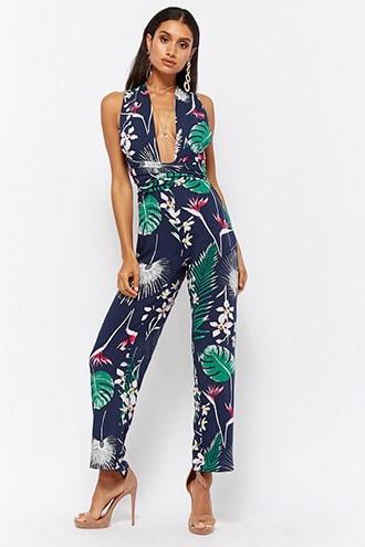 Forever21 Tropical Print Self-tie Jumpsuit