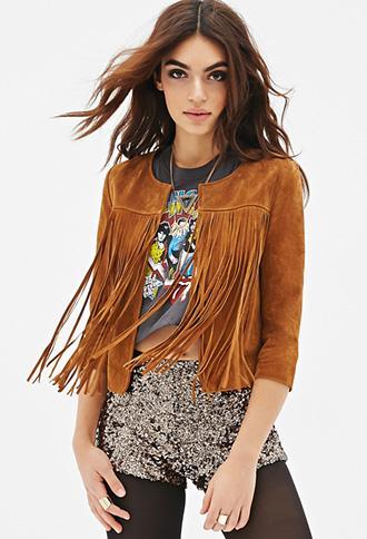 Forever21 Suede Fringe Jacket Brown Small