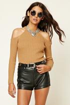 Forever21 Women's  Camel Ribbed Open-shoulder Top