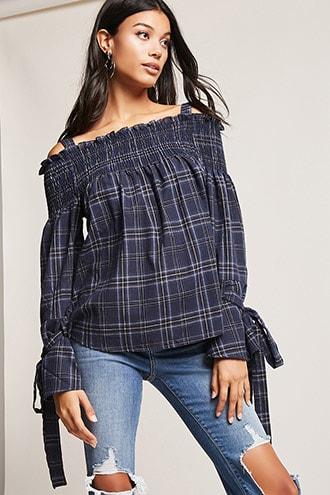 Forever21 Plaid Open-shoulder Top
