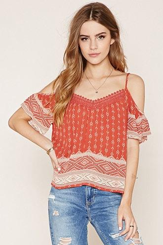 Forever21 Tribal Print Open-shoulder Top