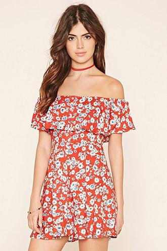 Forever21 Women's  Rust & Blue Off-the-shoulder Mini Dress